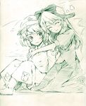  blush green hug hug_from_behind kagiyama_hina kawashiro_nitori kneeling monochrome multiple_girls sitting sketch smile touhou two_side_up vent_arbre yellow_background 