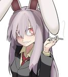  animal_ears bunny_ears cigarette formal grin hospital_king long_hair necktie purple_hair red_eyes red_neckwear reisen_udongein_inaba smile solo suit touhou 