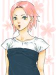  1girl alternate_costume artist_request collarbone dress earrings eyelashes flat_chest floral_background flower green_eyes haruno_sakura jewelry lips looking_at_viewer naruto open_mouth pink_hair shiny shiny_hair short_hair short_sleeves solo upper_body 