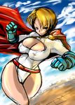  1girl belt blonde_hair blue_eyes breasts cape cleavage cleavage_cutout dc_comics female flying gloves kryptonian leotard marimo_(ankokumarimo) marimo_(pixiv140263) power_girl red_cape short_hair sky solo 