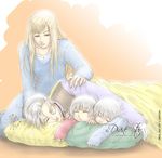  3boys blanket blonde_hair brothers dante_(devil_may_cry) devil_may_cry eva_(devil_may_cry) family father_and_son mother_and_son multiple_boys non-web_source pillow saliva siblings silver_hair sleeping sparda vergil younger 