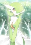  cleavage fuchsia gardevoir gen_3_pokemon green_hair medium_breasts no_humans pokemon pokemon_(creature) smile solo 