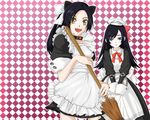  animal_ears apron black_hair blue_eyes blush broom cat_ears choker denpa_teki_na_kanojo hair_ribbon kishima_yukihime maid multiple_girls ribbon skirt smile yellow_eyes yuzusta 