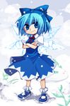  blue_eyes blue_hair blush_stickers bobby_socks bow cirno crossed_arms esythqua hair_bow mary_janes shoes short_hair snowing socks solo standing touhou wings 