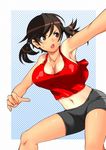  armpits bad_id bad_pixiv_id bare_shoulders bike_shorts breasts brown_eyes brown_hair cleavage face fujisawa_takashi large_breasts midriff navel one-piece_tan open_mouth original short_hair short_twintails solo tan tank_top tanline twintails 