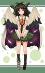  asymmetrical_clothes bow brown_hair cape daimosu eyes green_bow hair_bow long_hair mismatched_footwear red_eyes reiuji_utsuho solo touhou wings 