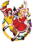  1girl blonde_hair clown facepaint fang flandre_scarlet m.u.g.e.n mcdonald's no~ma ran_ran_ru red_eyes red_hair ronald_mcdonald short_hair smile touhou wings 