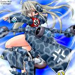  aircraft airplane blonde_hair iron_cross jet long_hair lowres mecha_musume military oekaki solo spinning swastika triebfluegel yonezuka_ryou 