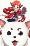  artist_request blue_eyes bun_cover dog double_bun food gintama glasses jacket kagura_(gintama) rice rice_cooker rice_spoon sadaharu school_uniform 