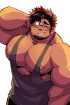  1boy arm_behind_head bara bare_arms bare_pectorals blush cowboy_shot dark-skinned_male dark_skin edwin_(kokukokuboo) facial_hair glasses goatee grey_tank_top hand_on_own_neck kokukokuboo large_pectorals leaning_to_the_side long_sideburns looking_at_viewer male_focus manboobs mature_male muscular muscular_male nipples original pectorals short_hair shy sideburns solo tank_top thick_eyebrows 