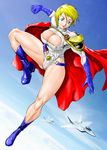  1girl abs airplane big_breasts blonde_hair blue_eyes boots breasts cape cleavage cleavage_cutout dc_comics erect_nipples female ffnf gloves jet kryptonian large_breasts leotard muscle noq power_girl red_cape short_hair sky solo thighs 