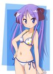  bikini blue_eyes collarbone flat_chest groin hair_ribbon hand_on_hip hiiragi_kagami long_hair lucky_star mel_(melty_pot) navel purple_hair ribbon side-tie_bikini star swimsuit tsurime twintails 