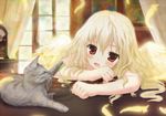  akabane_(zebrasmise) angel_wings blonde_hair blush cat cat_teaser feathers open_mouth original red_eyes solo window wings 