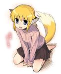  :d animal_ears apricot_(yamai) barefoot blonde_hair blue_eyes fang fox_ears fox_tail looking_at_viewer open_mouth original ribbed_sweater short_hair sitting skirt smile solo sweater tail translated v_arms yamai 