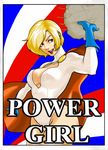  1girl alien blonde_hair blue_eyes breasts cape character_name cleavage cleavage_cutout dc_comics female gloves kryptonian leotard open_mouth power_girl red_cape short_hair solo tetrachord 