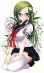  alternate_costume bad_hands bad_id bad_pixiv_id bespectacled blue_eyes breasts floral_background flower frog glasses green_hair hair_ornament highres impossible_clothes impossible_shirt kneeling kochiya_sanae large_breasts lily_(flower) long_hair mikan_(5555) no_panties school_uniform seiza serafuku shirt sitting snake solo thighhighs touhou white_legwear zettai_ryouiki 