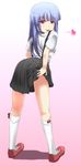  blue_hair furude_rika heart higurashi_no_naku_koro_ni long_hair looking_back ndrdn purple_eyes school_uniform shoes skirt skirt_lift socks solo standing suspenders tongue 