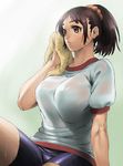  bad_id bad_pixiv_id breasts brown_eyes brown_hair cozy gym_uniform highres large_breasts original ponytail short_hair solo sweat wet 