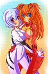  ayanami_rei blue_eyes blue_hair bodysuit brown_hair evangelion:_2.0_you_can_(not)_advance long_hair multicolored multicolored_bodysuit multicolored_clothes multiple_girls neon_genesis_evangelion orange_bodysuit plugsuit rebuild_of_evangelion red_bodysuit red_eyes shikinami_asuka_langley short_hair souryuu_asuka_langley spazzykoneko test_plugsuit white_bodysuit 