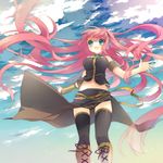  bad_id bad_pixiv_id blue_eyes boots breasts cloud day happy large_breasts long_hair megurine_luka midriff pink_hair sky solo thighhighs vocaloid wind wind_lift yamiko 
