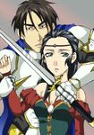  1boy 1girl armor bare_shoulders black_hair brother_and_sister dress female gensou_suikoden gensou_suikoden_ii green_eyes jillia_blight komeco long_hair luca_blight male short_hair siblings suikoden suikoden_ii sword tiara weapon 