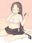  arima_senne blush breasts cleavage closed_eyes eating flats food forehead glasses kashiwamochi_yomogi medium_breasts navel original panties plump side-tie_panties sitting solo tongue underwear wariza weight_gain 