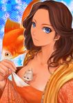  blue_eyes brown_hair bubble copyright_request downblouse fish goldfish long_hair shirt_pull solo yusao 