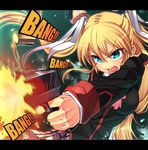  angry blonde_hair blue_eyes casing_ejection firing gun handgun holding holding_gun holding_weapon is_ii little_busters! long_hair muzzle_flash pistol shell_casing solo tokido_saya twintails weapon 