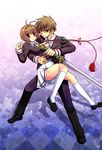  1girl brown_eyes brown_hair cardcaptor_sakura carrying green_eyes hanyuu_shion kinomoto_sakura kneehighs li_xiaolang scar school_uniform short_hair socks sword tomoeda_middle_school_uniform weapon 