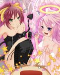  2girls angel baka_to_test_to_shoukanjuu bdsm blush breasts bunny chain chains cleavage cosplay fang green_eyes hair_ornament halo himeji_mizuki leather long_hair male open_mouth pink_hair purple_eyes rabbit red_hair smile star stars tail tamo_(tamokuteki_kuukan) wand wings zipper 