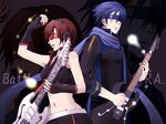  1girl back-to-back bad_id bad_pixiv_id blindfold blue_hair blue_scarf brown_hair guitar instrument kaito meiko midriff scarf short_hair smile vocaloid 