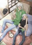  animal bleach cat hitsugaya_toushirou kedo_mitsuharu long_hair male_focus multiple_boys reading sleeping spiked_hair ukitake_juushirou white_hair 