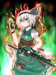  aura black_hairband chain fingerless_gloves gloves green_eyes hairband katana konpaku_youmu mumyuu short_hair silver_hair slit_pupils solo sword the_iron_of_yin_and_yang touhou weapon 