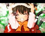  animal_ears bangs blush bow bowtie brown_hair cat_ears cat_tail chen closed_eyes dress earrings fangs flower grin hands_on_own_head happy haruyonoto jewelry letterboxed long_sleeves multiple_tails orange_bow petals red_dress shirt short_hair smile solo tail teeth touhou white_shirt wreath 