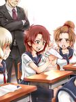  3girls angry blonde_hair blush breast_rest breasts brown_eyes brown_hair caught desk earrings eraser formal jewelry medium_breasts multiple_girls necktie notebook original paper_airplane sato_iori school school_uniform serafuku short_hair sitting suit sweatdrop teacher you_gonna_get_raped 