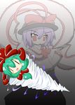  capelet chibi drill frills front_ponytail green_hair hat kagiyama_hina multiple_girls nagae_iku purple_hair red_eyes ribbon shawl tenshou_(loricon) touhou 