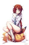  bad_deviantart_id bad_id bottomless braid freckles gen_1_pokemon horns legs necktie off_shoulder pikachu pokemon pokemon_(creature) ponytail red_hair saimon_ma sitting socks solo yellow_eyes 