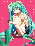  animal_slippers blush_stickers eating food food_on_face green_eyes green_hair hatsune_miku long_hair saliva shuri_(84k) simple_background skirt slippers solo spoon squatting twintails very_long_hair vocaloid 