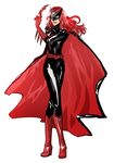  1girl batman_(series) batwoman bodysuit boots cape dc_comics female full_body gloves highres latex lipstick long_hair makeup mask petri red_hair redhead simple_background solo standing white_background 