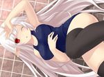  armpits bad_id bad_pixiv_id bare_shoulders black_legwear breasts elf large_breasts long_hair lying on_back one-piece_swimsuit one_eye_closed open_mouth original pointy_ears red_eyes school_swimsuit solo swimsuit thighhighs tsukumiya_amane white_hair 