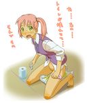  1girl artist_request blush diaper embarrased embarrassed indoors looking_at_viewer omorashi open_mouth peeing pink_hair short_hair simple_background solo sweat sweat_drop sweatdrop toilet_paper translated uncensored wavy_mouth white_background 