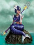  elbow_gloves florie_ink gloves helmet lips lipstick makeup mermaid midriff monster_girl polearm realistic rockman rockman_(classic) rockman_9 solo splash_woman trident weapon 