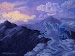  4:3 blue blue_fur canine cloud clouds dawn detailed detailed_background digital fern fur howl kekpafrany kekpafrany_(character) lightning mammal mountain wallpaper wolf 