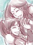  armlet avatar:_the_last_airbender avatar_(series) bad_id bad_pixiv_id bare_shoulders closed_eyes eyelashes hair_tubes holding_hands katara korra monochrome multiple_girls smile_(pixiv1491362) the_legend_of_korra time_paradox topknot 