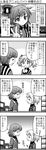  4koma closed_eyes comic commentary_request convenience_store crossover directional_arrow employee_uniform flat_chest greyscale hair_ornament hairclip hairpin height_difference highres kaname_madoka lawson mahou_shoujo_madoka_magica misaka_mikoto monochrome multiple_girls open_mouth shop smile sweatdrop to_aru_kagaku_no_railgun to_aru_majutsu_no_index translated twintails uniform yuuki_akira 