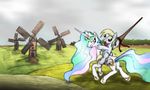  alicorn blonde_hair crown cutie_mark derp derpy_hooves_(mlp) don_quixote duo equine female feral friendship_is_magic hair hasbro horn horse jousting_lance mammal multi-colored_hair my_little_pony parody pegacorn pegasus pink_eyes pony princess princess_celestia_(mlp) rainbow_hair riding royalty unknown_artist weapon windmill winged_unicorn wings yellow_eyes 
