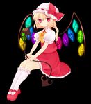  ascot black_background blonde_hair blush flandre_scarlet hat ia_(carat) laevatein lance mary_janes polearm red_eyes shoes side_ponytail sitting skirt socks solo touhou weapon white_legwear wings 