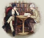  blue_hair book bookshelf cardigan kiiichi male_focus multiple_boys nezumi_(no.6) no.6 reading red_eyes room shion_(no.6) short_ponytail sitting table white_hair 