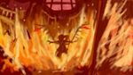 artist_request fire flandre_scarlet glowing glowing_eyes orange_(color) outstretched_arms red_eyes side_ponytail silhouette solo source_request spread_arms touhou window wings 