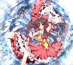  41y_(yooichiwai) ascot bow brown_eyes brown_hair colorized detached_sleeves frills gohei hair_bow hair_tubes hakurei_reimu highres long_hair noumin skirt solo touhou very_long_hair 